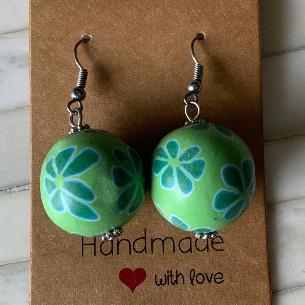 Handmade Retro Statement Green Ball Handcrafted Dangle Drop Earrings